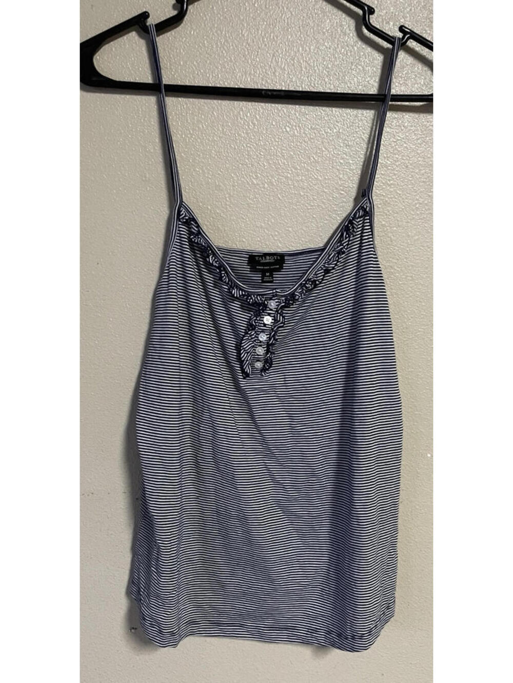Talbots Medium Tank  Blue White Spaghetti Straps Ruffles